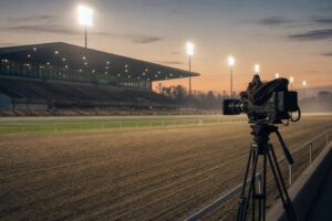 Travbana i kvällsljus med tom läktare, strålkastare och en tv-kamera på stativ vid upploppet